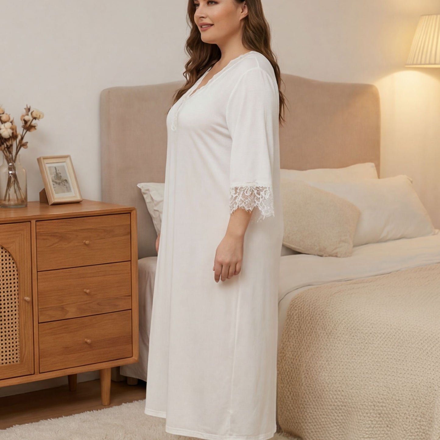 Plus Size Solid Color Lace 3/4 Sleeve Nightgown – Loose Fit Home Maxi Dress, Sexy & Simple Women's Pajamas for Spring/Summer