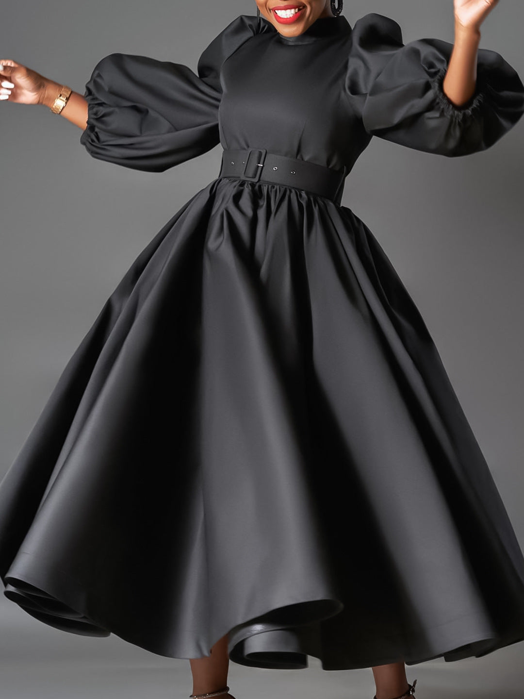 Women's European/American Loose Fit Plus Size Fashionable Solid Color Midi Dress with Flared Skirt and Puff Sleeves