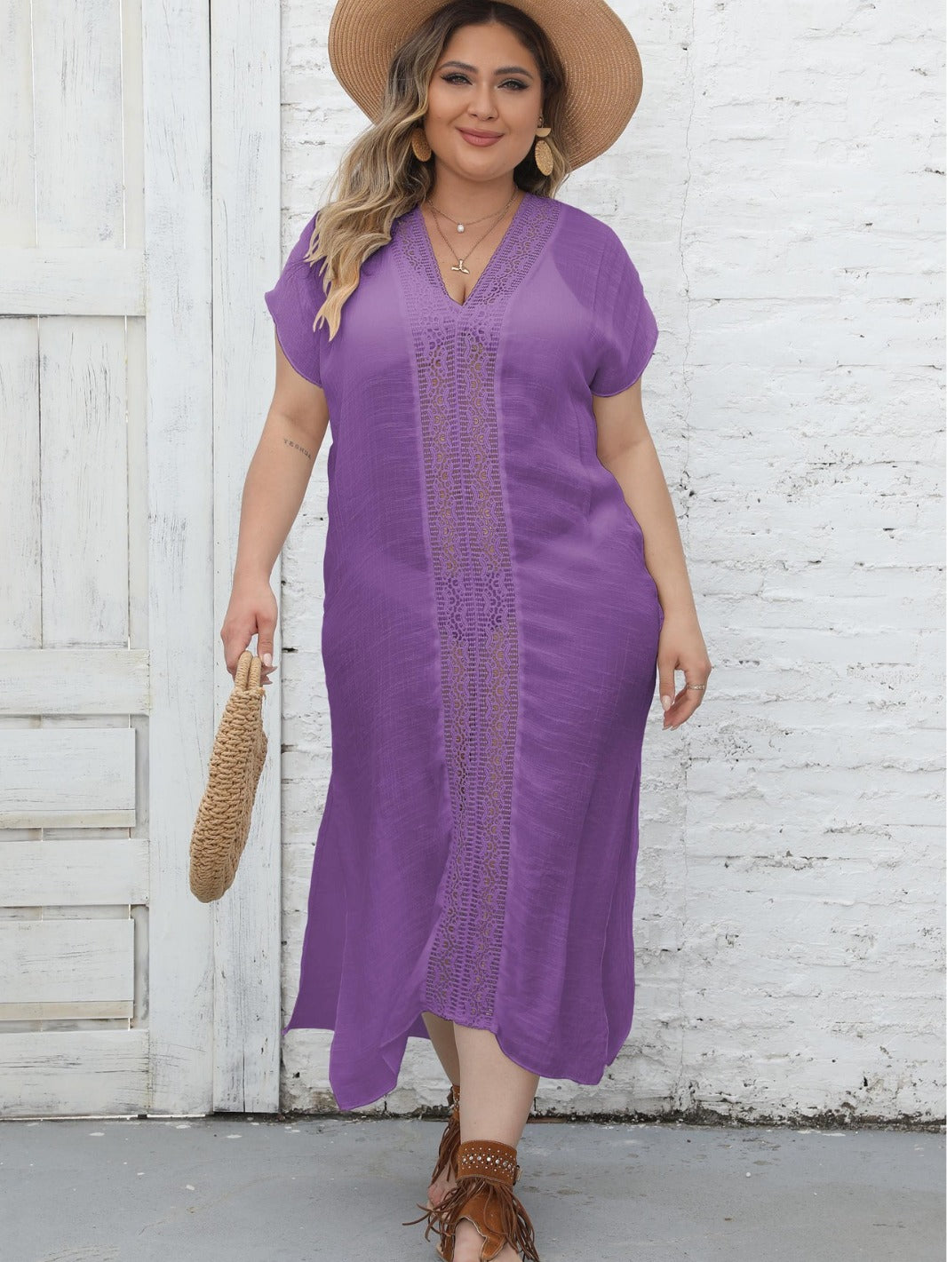Plus Size Beach Dress – Vacation Style Lace Patchwork V-Neck Slit Dress / Bikini Cover-Up