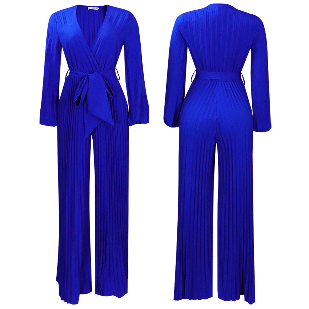 New summer style: V-neck, sexy lace-up, pleated wide-leg plus-size export jumpsuit-Blue