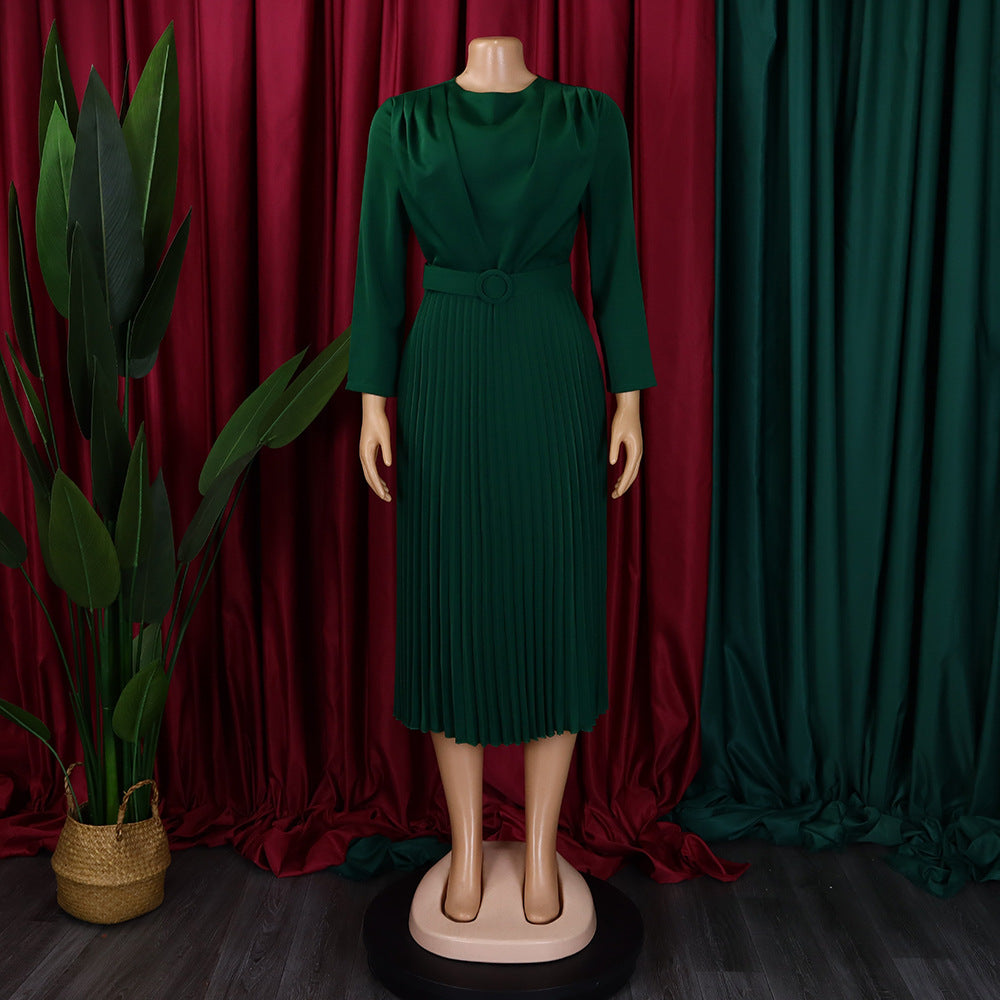 Fashionable Plus Size Solid Color Pleated Export Dress- Dark Green