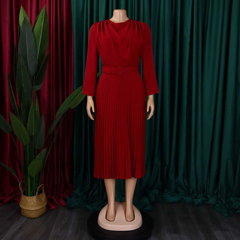 Fashionable Plus Size Solid Color Pleated Export Dress- Red