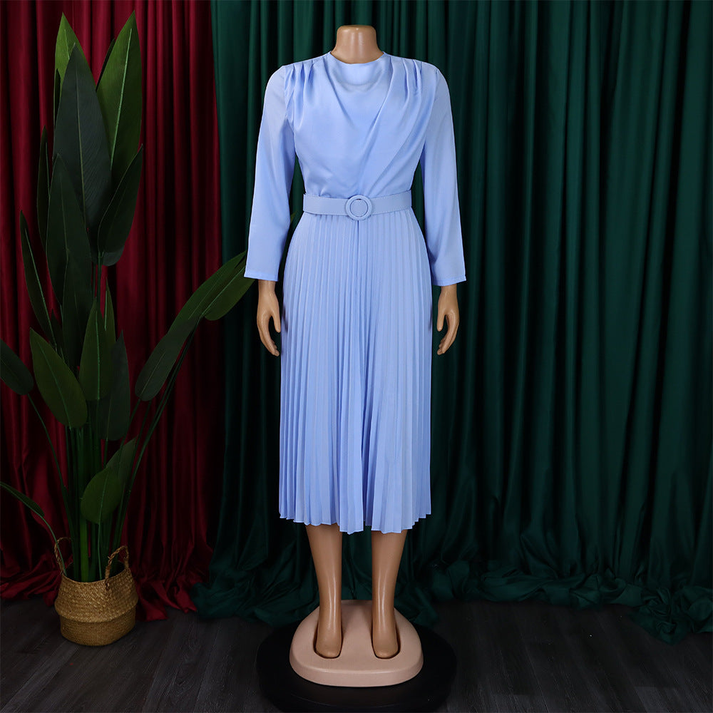 Fashionable Plus Size Solid Color Pleated Export Dress-Baby blue