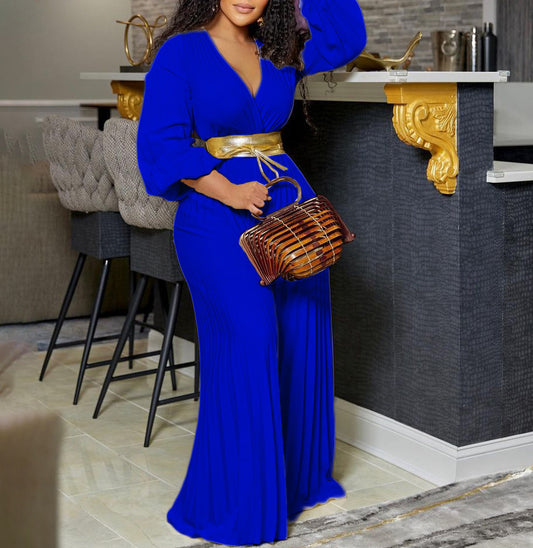 New summer style: V-neck, sexy lace-up, pleated wide-leg plus-size export jumpsuit-Blue