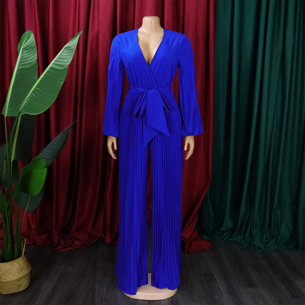 New summer style: V-neck, sexy lace-up, pleated wide-leg plus-size export jumpsuit-Blue