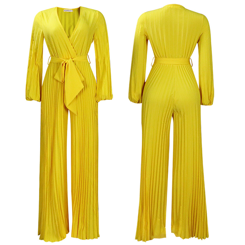 New summer style: V-neck, sexy lace-up, pleated wide-leg plus-size export jumpsuit-Yellow
