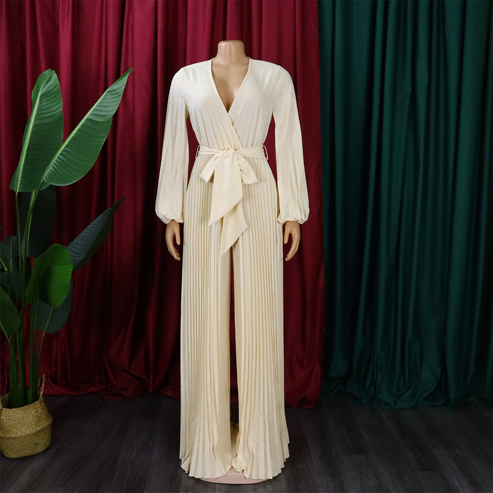New summer style: V-neck, sexy lace-up, pleated wide-leg plus-size export jumpsuit-White
