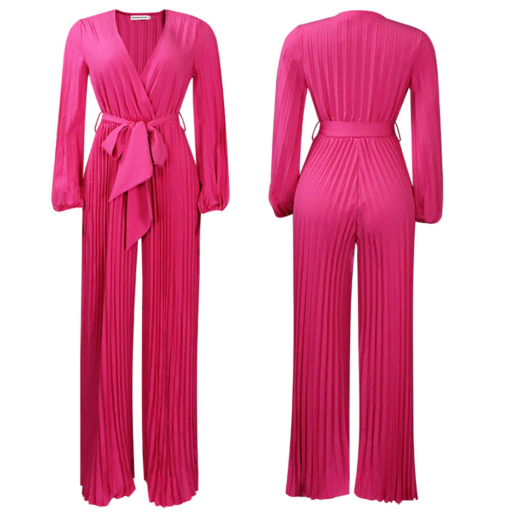 New summer style: V-neck, sexy lace-up, pleated wide-leg plus-size export jumpsuit-Pink