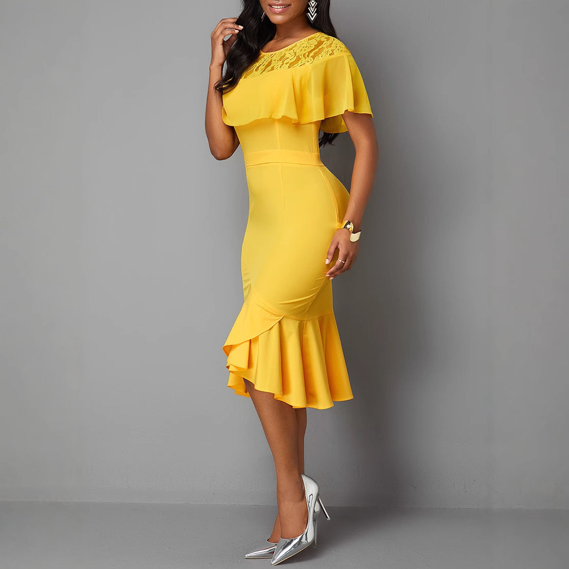 Women's Lace Patchwork Color-Block Slim Fit Bodycon Professional Dress