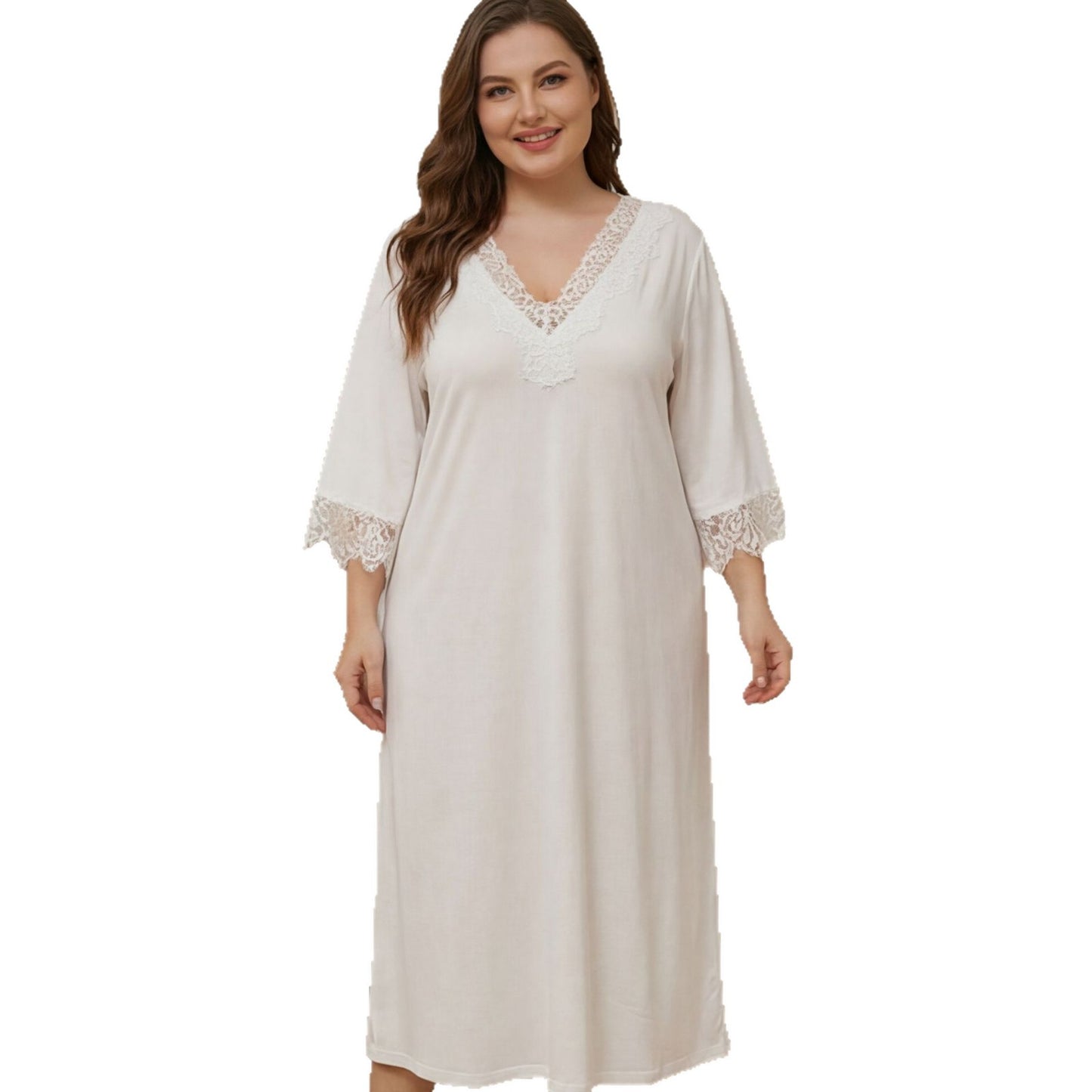 Plus Size Solid Color Lace 3/4 Sleeve Nightgown – Loose Fit Home Maxi Dress, Sexy & Simple Women's Pajamas for Spring/Summer