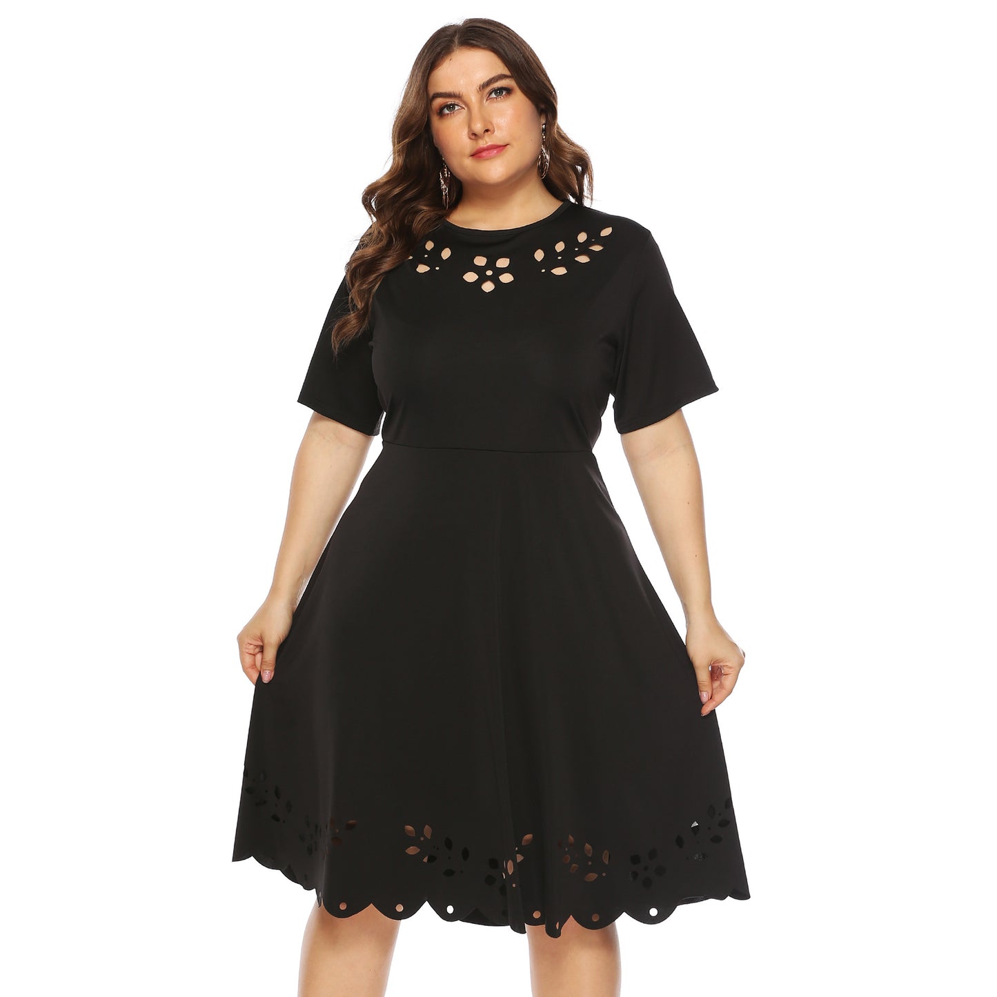 Plus Size Women's Burnout Hollow Out Waist-Cinching Short Sleeve Dress with Flared Skirt