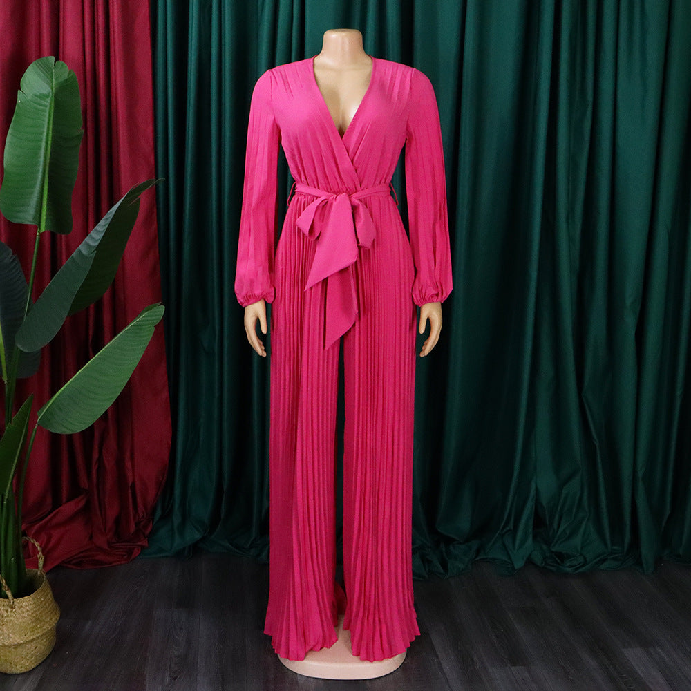 New summer style: V-neck, sexy lace-up, pleated wide-leg plus-size export jumpsuit-Pink