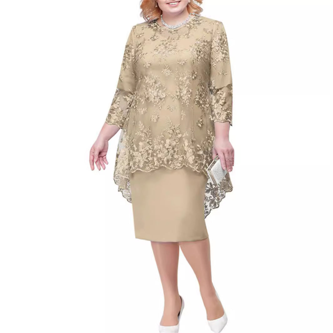 New Plus Size Lace Embroidery Two-Piece Evening Dress – Slim Fit, Sophisticated Office Look