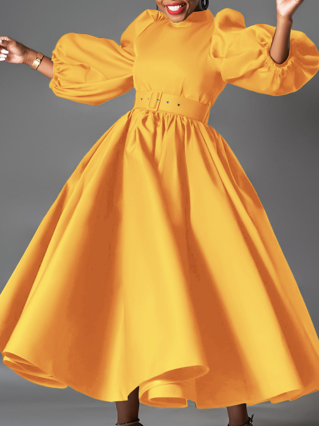 Women's European/American Loose Fit Plus Size Fashionable Solid Color Midi Dress with Flared Skirt and Puff Sleeves