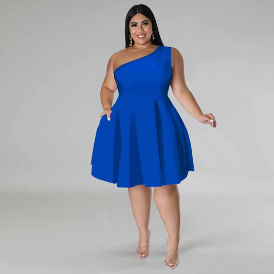 Plus Size Multi-Color Sleeveless Flared Hem Formal Dress for Women-blue