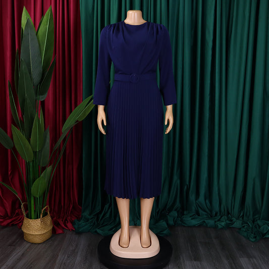 Fashionable Plus Size Solid Color Pleated Export Dress-Navy blue