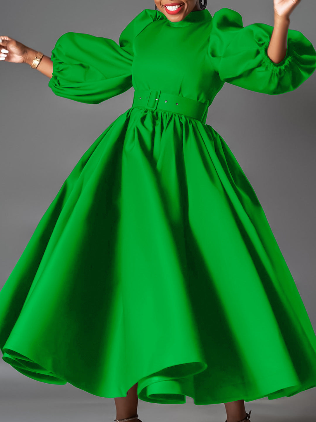 Women's European/American Loose Fit Plus Size Fashionable Solid Color Midi Dress with Flared Skirt and Puff Sleeves