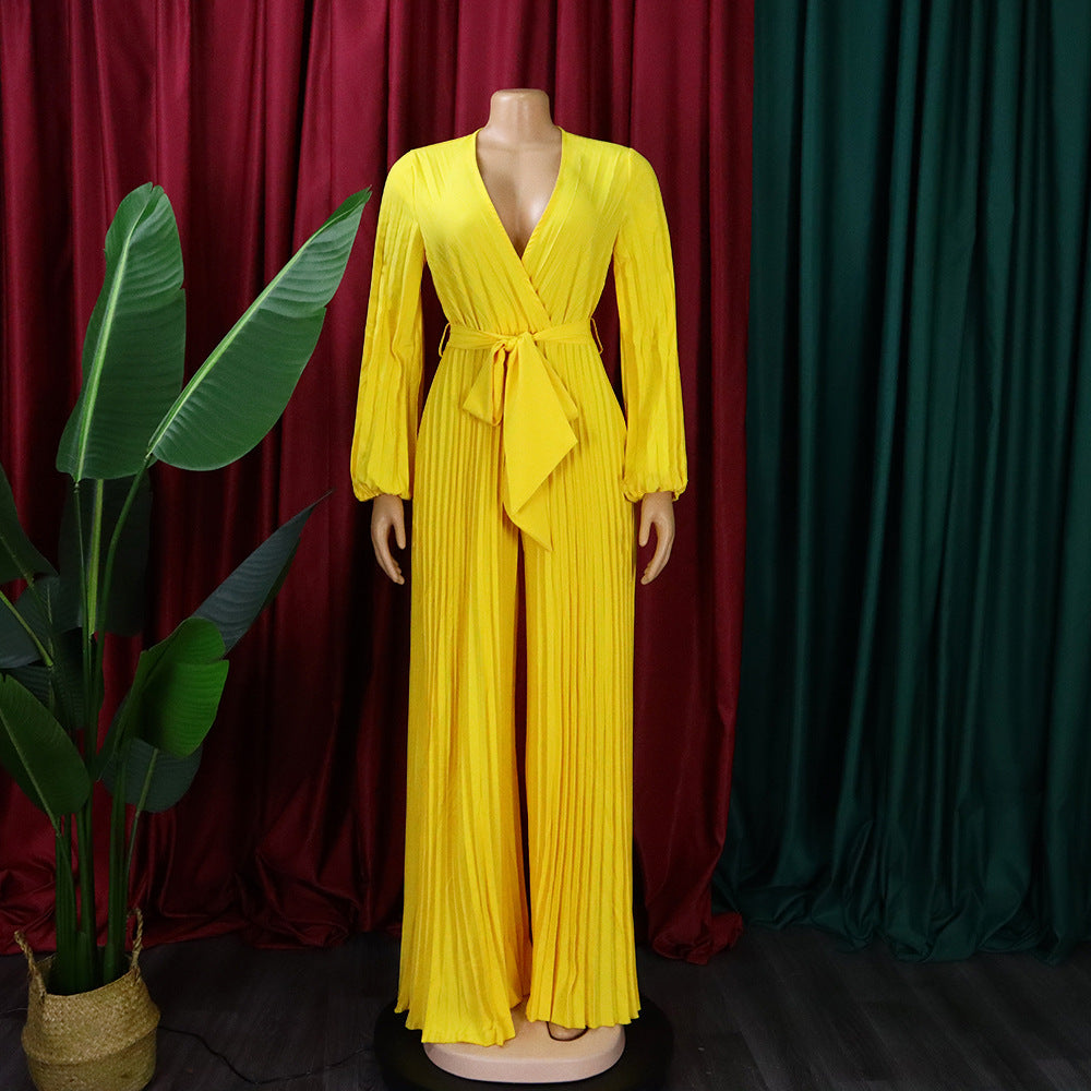 New summer style: V-neck, sexy lace-up, pleated wide-leg plus-size export jumpsuit-Yellow