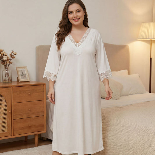 Plus Size Solid Color Lace 3/4 Sleeve Nightgown – Loose Fit Home Maxi Dress, Sexy & Simple Women's Pajamas for Spring/Summer
