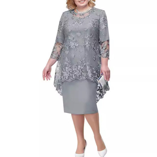 New Plus Size Lace Embroidery Two-Piece Evening Dress – Slim Fit, Sophisticated Office Look