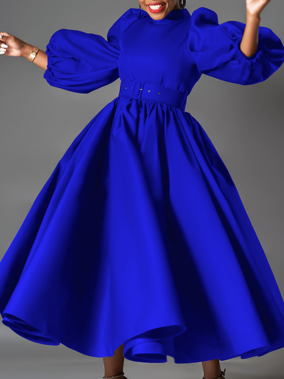 Women's European/American Loose Fit Plus Size Fashionable Solid Color Midi Dress with Flared Skirt and Puff Sleeves