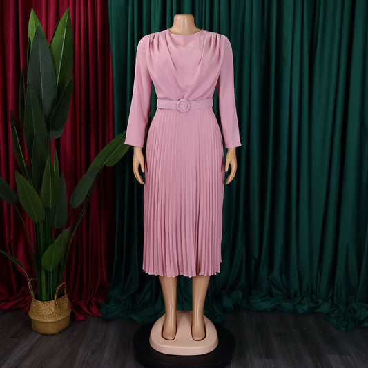 Fashionable Plus Size Solid Color Pleated Export Dress- Pink