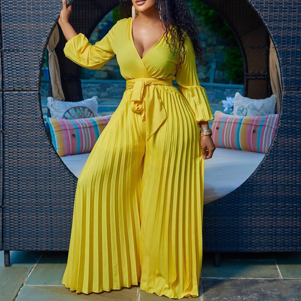 New summer style: V-neck, sexy lace-up, pleated wide-leg plus-size export jumpsuit-Yellow