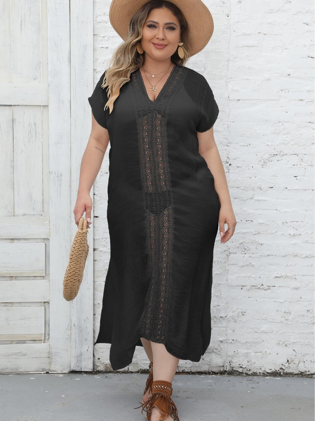 Plus Size Beach Dress – Vacation Style Lace Patchwork V-Neck Slit Dress / Bikini Cover-Up