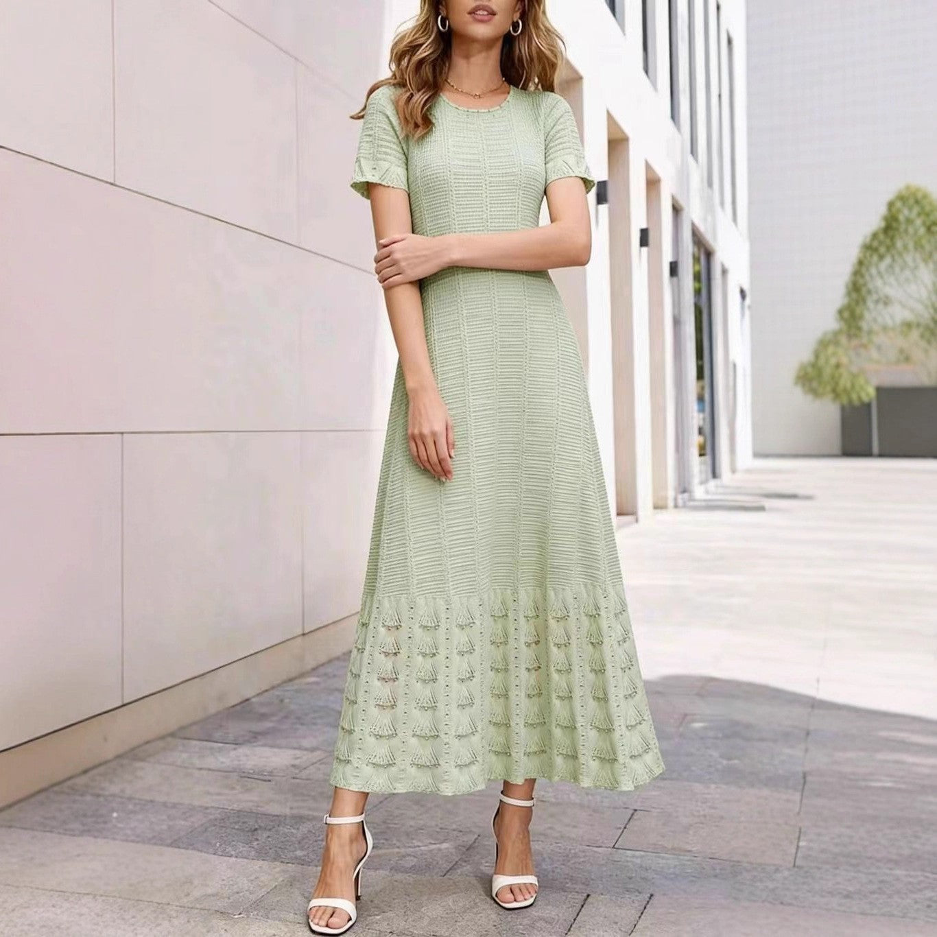 Cross-Border Round Neck Beaded Knit Dress European/American Style Short Sleeve Hollow Out Waist-Cinching Slimming Long Dress for Women Summer Ladies Dress