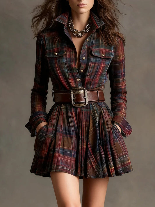 Plus Size French Vintage Plaid Slimming Asymmetrical Dress for Women