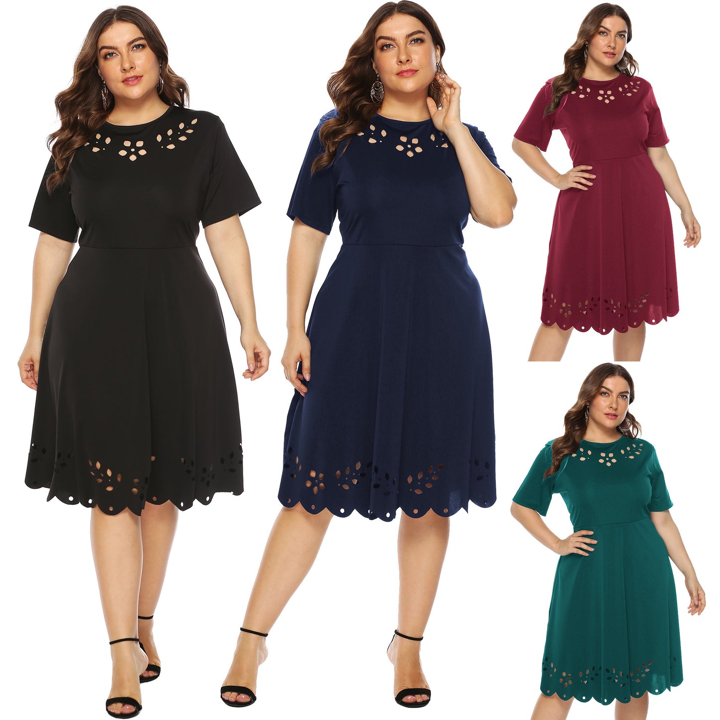 Plus Size Women's Burnout Hollow Out Waist-Cinching Short Sleeve Dress with Flared Skirt