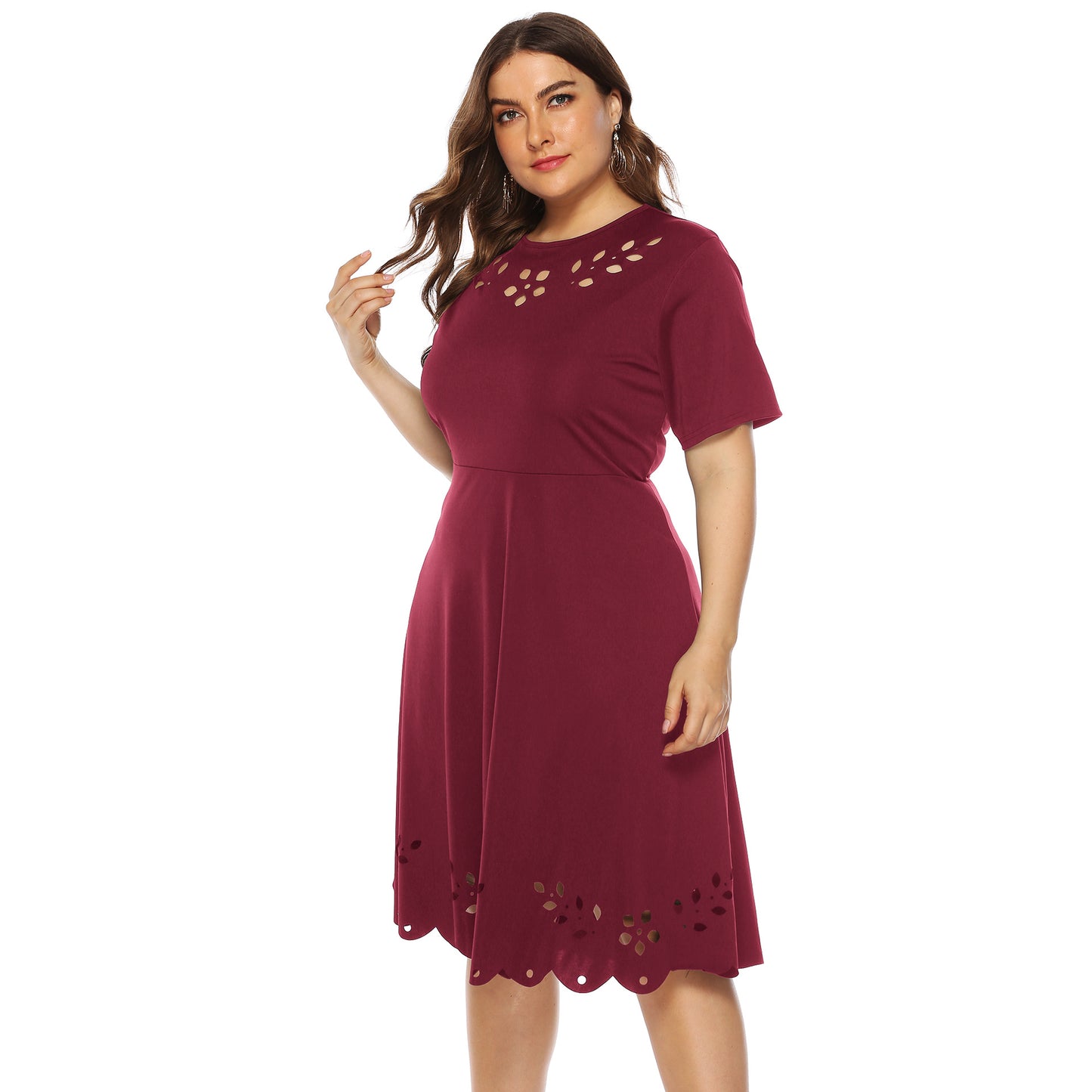 Plus Size Women's Burnout Hollow Out Waist-Cinching Short Sleeve Dress with Flared Skirt