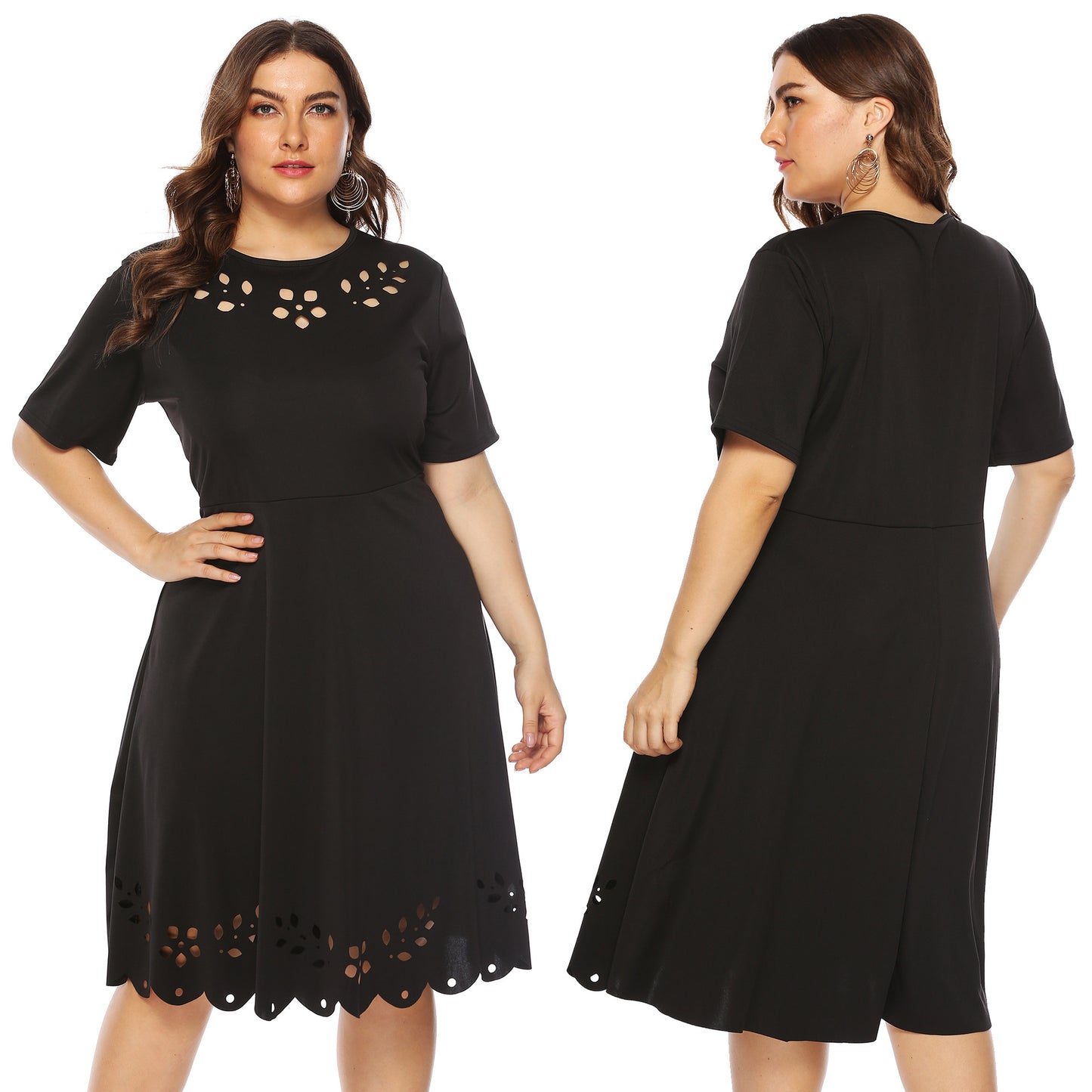 Plus Size Women's Burnout Hollow Out Waist-Cinching Short Sleeve Dress with Flared Skirt