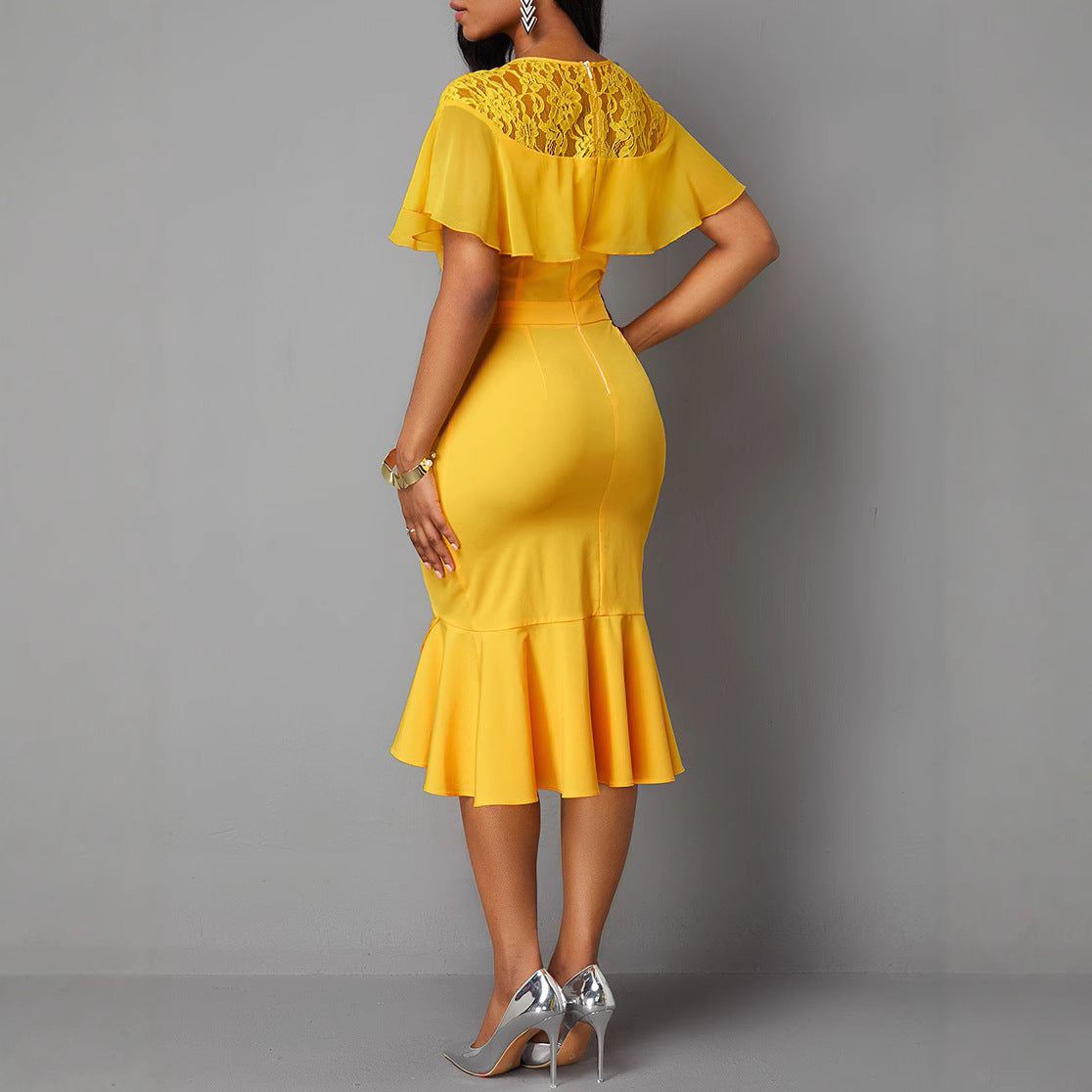Women's Lace Patchwork Color-Block Slim Fit Bodycon Professional Dress