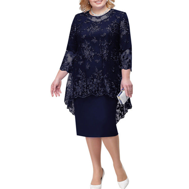 New Plus Size Lace Embroidery Two-Piece Evening Dress – Slim Fit, Sophisticated Office Look