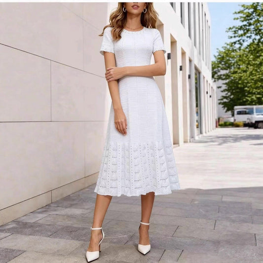 Cross-Border Round Neck Beaded Knit Dress European/American Style Short Sleeve Hollow Out Waist-Cinching Slimming Long Dress for Women Summer Ladies Dress