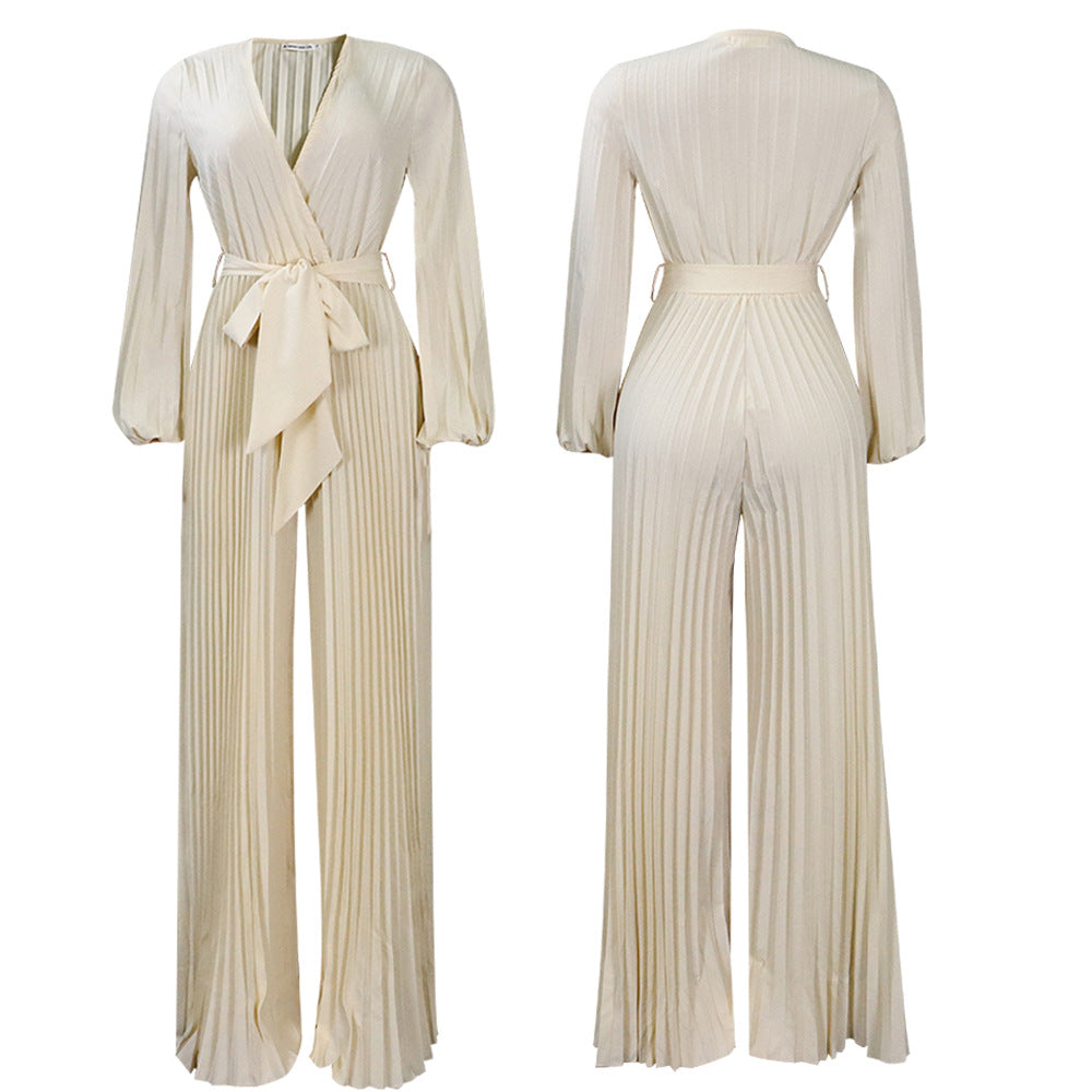 New summer style: V-neck, sexy lace-up, pleated wide-leg plus-size export jumpsuit-White