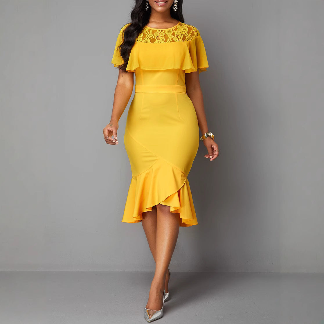 Women's Lace Patchwork Color-Block Slim Fit Bodycon Professional Dress