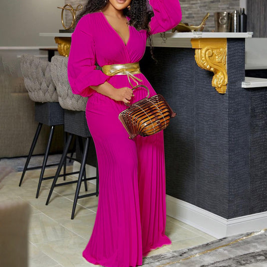 New summer style: V-neck, sexy lace-up, pleated wide-leg plus-size export jumpsuit-Pink