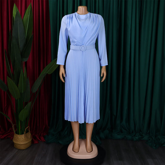 Fashionable Plus Size Solid Color Pleated Export Dress-Baby blue